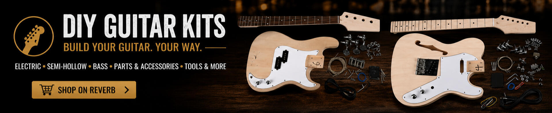 DIY guitar kits banner featuring unfinished electric guitar, bass, and semi-hollow guitar kits with bodies, necks, pickups, hardware, and accessories for build-your-own guitar projects.