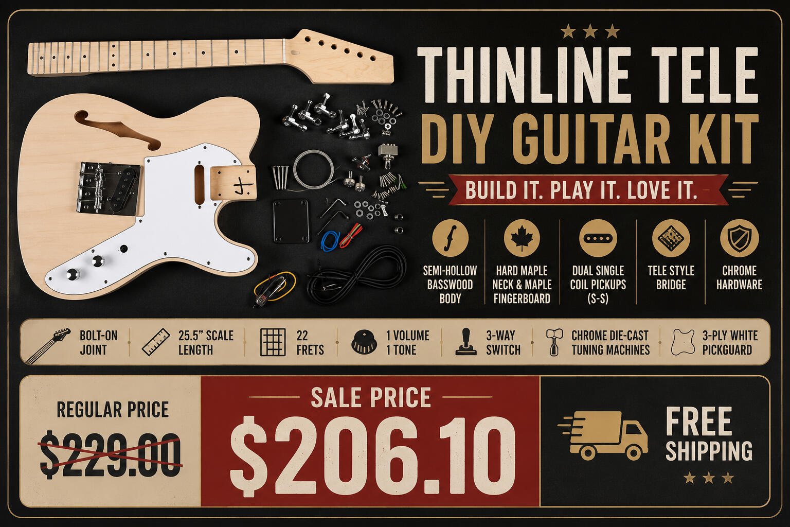 Promotional banner featuring an unfinished Thinline Tele style DIY guitar kit with a semi-hollow basswood body, hard maple neck, maple fingerboard, dual single-coil pickups, Tele style bridge, chrome hardware, and free shipping. Sale price $206.10 from Uni