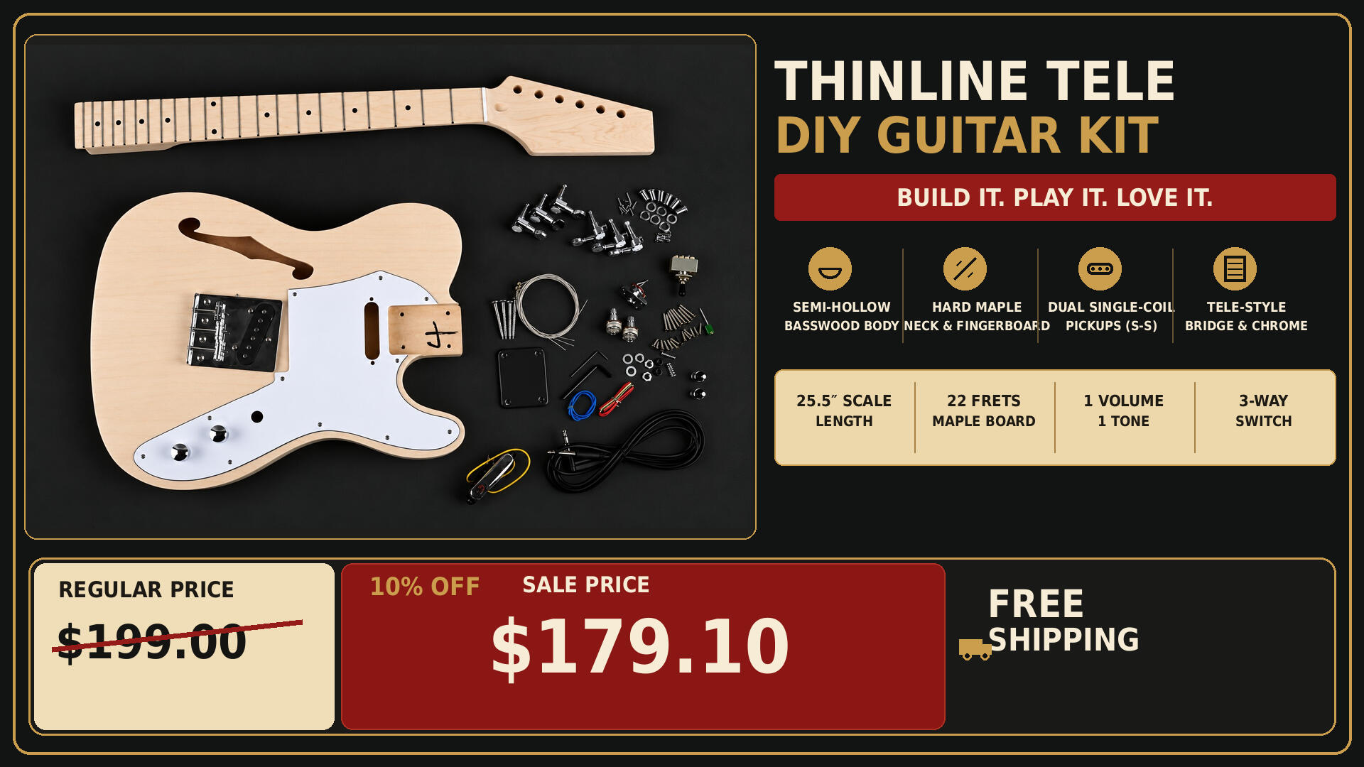 Thinline Tele DIY Guitar Kit | Semi-Hollow Electric Guitar Kit with Maple Neck & Basswood Body Promotional banner featuring an unfinished Thinline Tele style DIY guitar kit with a semi-hollow basswood body, hard maple neck, maple fingerboard, dual single-coil pickups, Tele style bridge, chrome hardware, and free shipping. Sale price $206.10 from Uni